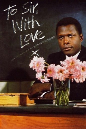 A black man in a suit gazes thoughtfully at pink flowers in a vase on a wooden desk, with the words "To Sir, with Love" written above him on a chalkboard. The warm lighting and soft pink tones evoke a sense of romance and nostalgia.