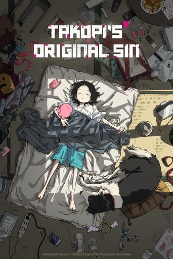The poster depicts a chaotic bedroom scene with a character lying in bed, surrounded by scattered items like books, papers, and toys. The mood is dark and mysterious, with muted colors and a sense of disarray. The title "Takopi's Original Sin" is prominently displayed at the top.