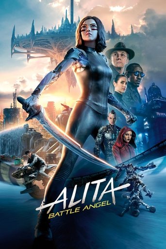 The poster features Alita, a powerful warrior in a sleek black suit, wielding a glowing sword against a dramatic backdrop of a cityscape under a twilight sky. Surrounding her are other characters, including a man in a hat and a woman with red hair, all exuding strength and heroism. The colors are...