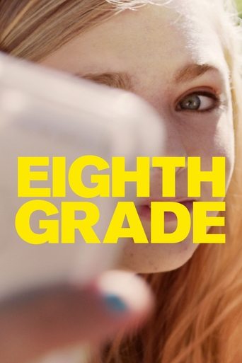 A young girl with red hair gazes through a smartphone, her expression thoughtful and slightly concerned. The bright yellow text "EIGHTH GRADE" dominates the frame, creating a stark contrast against her pale skin. The soft lighting and intimate framing evoke a sense of youthful curiosity and intro...