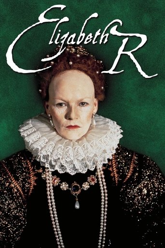 The poster features a striking portrait of Elizabeth R, a woman with pale skin and an intense gaze, wearing a regal black gown adorned with intricate lace and pearls. The background is a deep, rich green, creating a dramatic and mysterious atmosphere. The title "Elizabeth R" is elegantly written ...