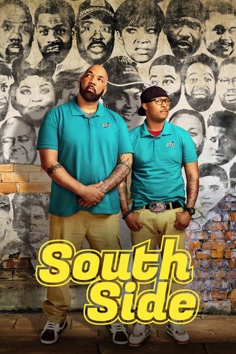 The poster features two men in teal polo shirts standing before a collage of black-and-white faces, evoking a gritty, urban atmosphere. The bold yellow text "South Side" anchors the image, suggesting a community-focused narrative.