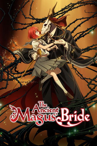 The poster features a dramatic scene with a young woman in a flowing white gown and a man in black, surrounded by dark, gnarled tree branches. The warm orange background contrasts with the cool tones of their clothing, creating a mystical atmosphere. The title "The Ancient Magus' Bride" is elegan...