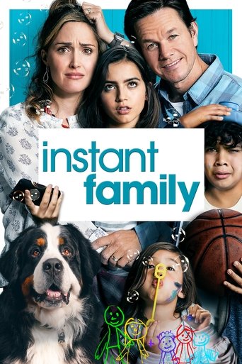 The poster features a vibrant collage of characters from "Instant Family," with a cheerful blue background and playful illustrations. The mood is lighthearted and family-oriented, capturing the essence of the show's comedic and heartwarming tone.