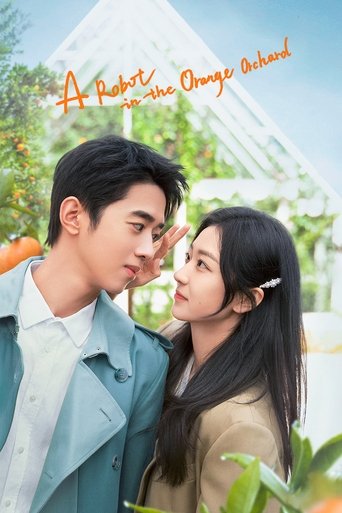 The poster features a tender moment between a young man and woman in a bright, sunlit orchard setting. The warm orange tones of the background contrast with their soft, pastel clothing, evoking a dreamy, nostalgic mood. The title "A Robot in the Orange Orchard" hints at a sci-fi romance, blending...