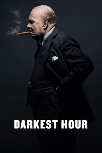 The poster features a stern, bald man in a dark suit smoking a cigarette against a shadowy background, evoking a sense of mystery and tension. The bold, white text "DARKEST HOUR" anchors the image, suggesting a dramatic and intense narrative.