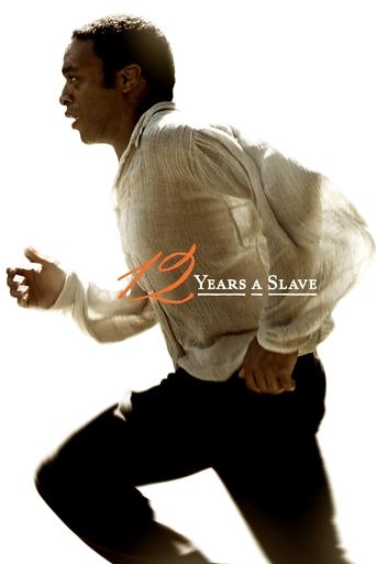A man in a white shirt and black pants runs against a stark white background, conveying a sense of urgency and determination. The poster features the title "12 Years a Slave" in bold, stylized text, emphasizing the film's historical significance and emotional weight.