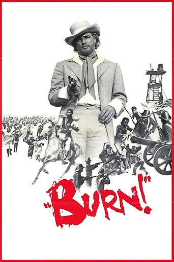 This poster for "Burn!" depicts a man in a suit and hat holding a gun, surrounded by a chaotic scene of people running. The image is in black and white with a red "BURN!" text at the bottom, conveying a sense of urgency and danger.