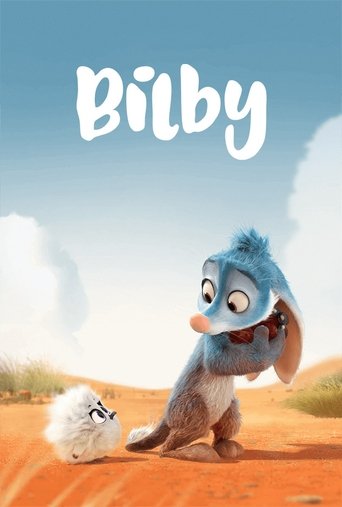 The poster features a whimsical scene with a blue, fluffy character resembling a dog or cat, surrounded by a small white fluffy creature. The background is a serene desert landscape under a bright blue sky, evoking a playful and adventurous mood. The title "Bilby" is prominently displayed in bold...