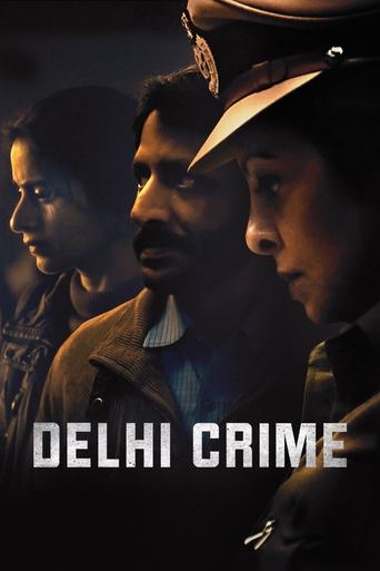 The poster features three characters in dimly lit, moody lighting, with warm tones and shadows creating an atmosphere of mystery and intrigue. The title "DELHI CRIME" is prominently displayed in bold, white letters at the bottom, emphasizing the show's focus on crime and suspense.
