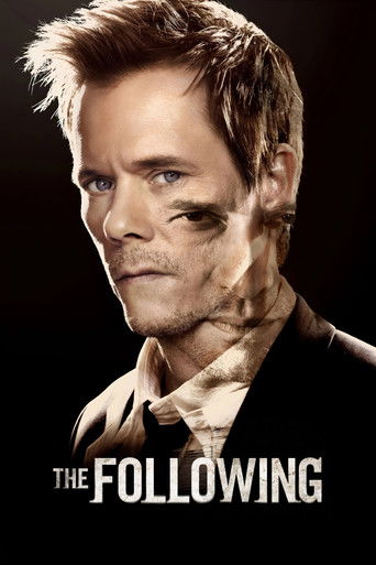 The poster features a close-up of a man with dark, smudged makeup, exuding a gritty and mysterious mood. The dark background contrasts with the man's pale skin and intense gaze, creating a suspenseful atmosphere. The title "THE FOLLOWING" is prominently displayed in bold white letters at the bottom.