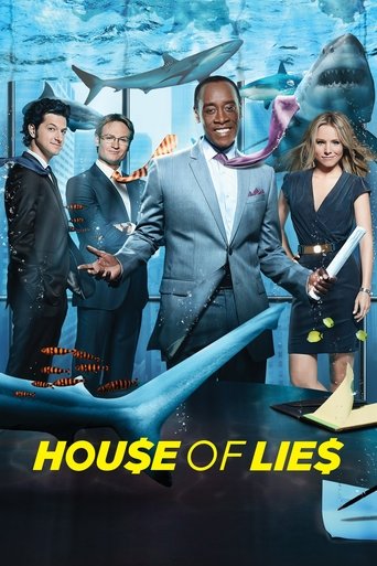 The poster features four characters in a dramatic, action-oriented scene with a blue and white color scheme. The central figure, a man in a suit, exudes confidence and authority, while the others appear serious or contemplative. The title "House of Lies" is prominently displayed in bold yellow le...