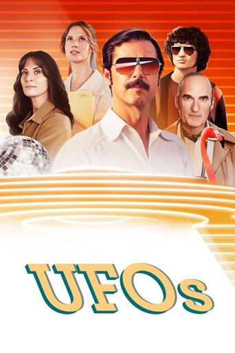 The poster features a group of five diverse characters against a warm, gradient background transitioning from orange to yellow. The central figure wears sunglasses and a white shirt, while others wear casual attire. The title "UFOs" is prominently displayed at the bottom in bold, metallic letteri...