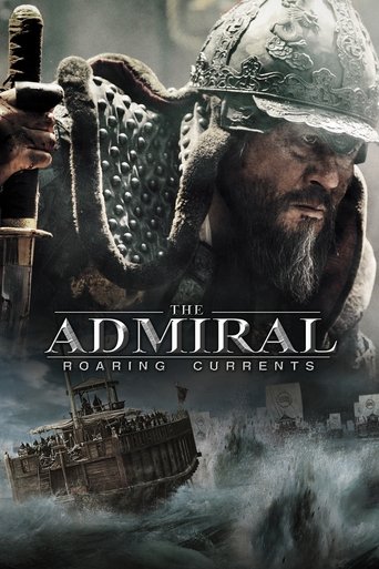 This movie poster features a rugged, bearded man in a weathered helmet, gripping a sword with a determined expression. The muted, earthy tones of the image evoke a sense of adventure and historical drama. The title "The Admiral: Roaring Currents" is prominently displayed in bold, metallic lettering.