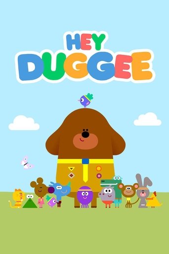 This cheerful TV poster features a friendly brown dog, Duggee, standing proudly in front of a colorful group of children. The bright blue sky and fluffy white clouds add to the playful and welcoming atmosphere. The vibrant colors and cartoon-style design evoke a sense of joy and fun, perfect for ...