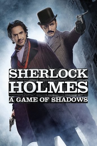 The poster features two men in period attire, one in a bowler hat and the other in a suit, both holding pistols. The dark, moody atmosphere with smoky tones and shadowy figures evokes a suspenseful, noir aesthetic. The title "Sherlock Holmes" is prominently displayed in bold, white lettering, emp...