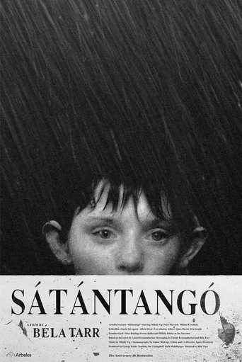 The poster features a haunting black-and-white image of a young boy with dark, wet hair, evoking a sense of melancholy and mystery. The title "SÁTANTANGO" is prominently displayed in bold, white letters, while "BÉLA TARR" appears below in a smaller font. The overall composition creates an eerie a...