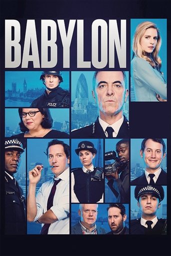 The poster features a grid of characters in formal attire against a dark background, with the title "BABYLON" prominently displayed in bold white letters. The mood is serious and dramatic, suggesting a high-stakes narrative.