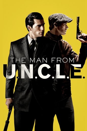 The poster features two men against a vibrant yellow background, with one in a sharp suit holding a gun and the other in a cap pointing a weapon. The bold text "THE MAN FROM U.N.C.L.E." dominates the center, evoking a noir atmosphere of suspense and danger.