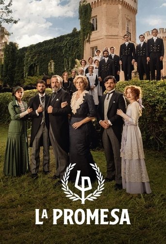 The poster features a group of elegantly dressed actors in formal attire, with a castle backdrop and lush greenery. The warm, golden lighting enhances the romantic and dramatic mood, while the bold text "LA PROMESA" anchors the composition.