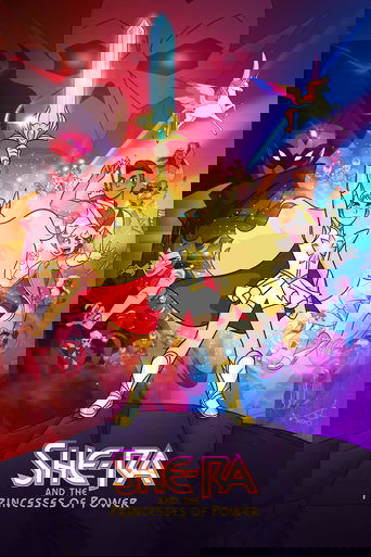 The poster features a heroic She-Ra holding a glowing sword, surrounded by other princesses in dynamic poses. Vibrant colors like red, gold, and purple create an energetic atmosphere. The mood is one of adventure and empowerment, capturing the essence of the show's action-packed storyline.