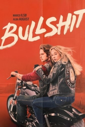 The poster features two women riding a motorcycle against a vibrant red background. The bold, white "BULLSHIT" text dominates the upper section, while the women exude a playful, energetic mood. The overall design captures the comedic and adventurous spirit of the show.