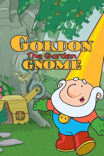 The poster features a cheerful gnome with a white beard and red boots, standing in a vibrant garden scene. The background includes a quaint wooden house, lush greenery, and a bright yellow sunbeam, creating a warm and inviting atmosphere. The title "Gordon the Garden Gnome" is prominently display...