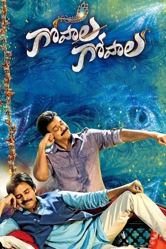 The poster features two characters in a dreamy, ethereal setting with swirling blue and green hues. The man in the foreground, wearing a blue shirt, appears relaxed while the man behind him, in a purple shirt, seems to be in deep thought or contemplation. The title "Gopala Gopala" is elegantly wr...
