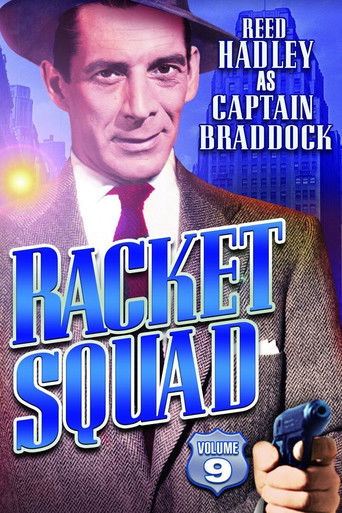 The poster features a man in a suit and hat against a blue background, with the title "Racket Squad" prominently displayed in bold blue letters. The mood is mysterious and suspenseful, hinting at the thrilling nature of the series.