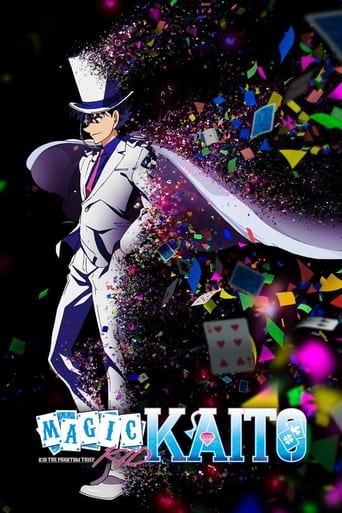 The poster features a confident magician in a white suit and top hat, surrounded by vibrant confetti and scattered magic symbols. The colorful background adds a magical atmosphere, while the bold title "Magic Kaito 1412" at the bottom emphasizes the show's theme.