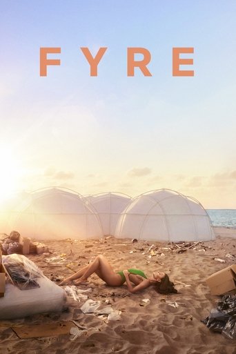 The poster features a serene beach scene with people relaxing under the warm glow of the sun. The muted tones of the sand and sky contrast with the vibrant orange text "Fyre" at the top, evoking a sense of mystery and allure.