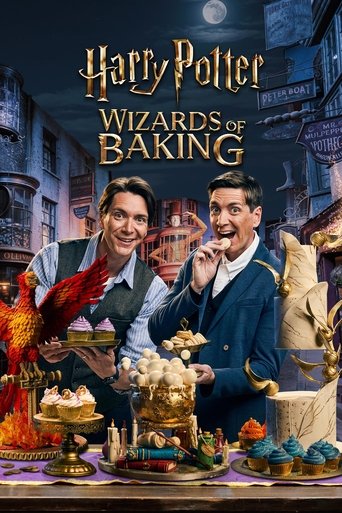 The poster features two characters in wizard attire against a magical, starry backdrop. The warm colors of the food and the festive atmosphere create a whimsical mood, hinting at the show's blend of wizardry and baking.