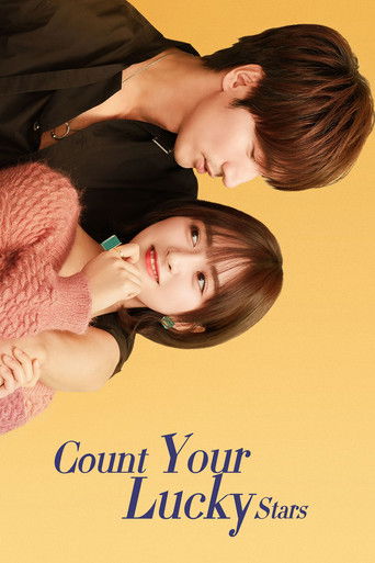 The poster features two young people in a close, intimate pose against a warm yellow background. The man in a black shirt leans over the woman in a pink sweater, creating a romantic and tender atmosphere. The title "Count Your Lucky Stars" is elegantly displayed at the bottom in blue text.