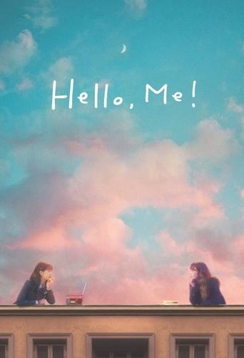 The poster features two silhouetted figures sitting on a rooftop against a dreamy sky filled with soft pink clouds and a crescent moon. The title "Hello, Me!" is elegantly written in white script, evoking a romantic and nostalgic mood.