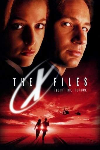 The poster features two intense characters against a dramatic red sky, with the title "The X-Files" prominently displayed. The overall mood is suspenseful and mysterious, evoking themes of conspiracy and the unknown future.