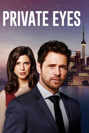 The poster features a man and woman in formal attire against a backdrop of the New York City skyline at dusk. The warm tones of the city contrast with the cool blues of the sky, creating a dramatic and mysterious atmosphere. The title "PRIVATE EYES" is prominently displayed at the top in bold whi...