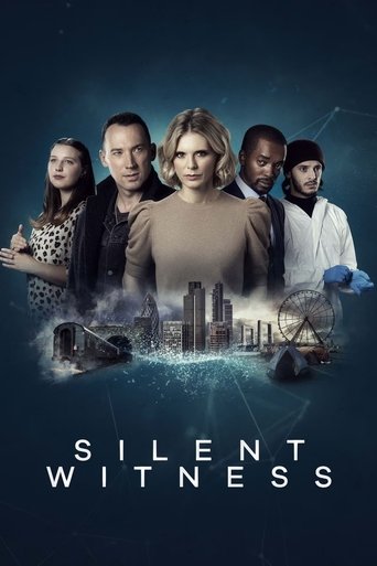 The poster features six characters against a dark, moody backdrop with faint city lights and a mysterious blue glow. The central figure stands prominently, while others surround her, creating an intense and mysterious atmosphere. The title "Silent Witness" is displayed boldly at the bottom, sugge...