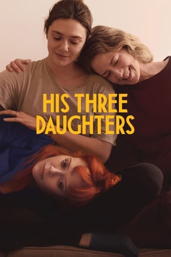 The poster features three young women in a warm, intimate setting. Their expressions convey a mix of sadness and resilience. The colors are muted, with soft browns and reds, creating a somber yet hopeful atmosphere. The title "His Three Daughters" is prominently displayed in bold yellow letters, ...