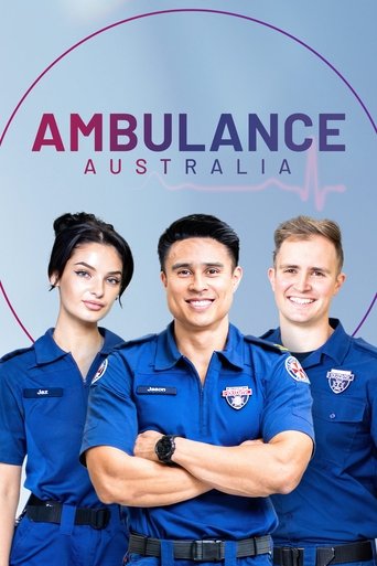 The poster features three uniformed ambulance crew members in matching blue outfits, exuding professionalism and readiness. The clean, clinical aesthetic with a soft blue background and prominent "AMBULANCE AUSTRALIA" text conveys a sense of trust and reliability. The confident smiles and poised ...