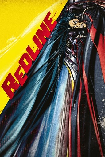 The poster features a dramatic, close-up view of a woman in a black leather jacket, her face partially obscured by shadows and reflections. The bold red text "REDLINE" dominates the left side against a vibrant yellow background, creating a striking contrast. The overall mood is intense and cinema...