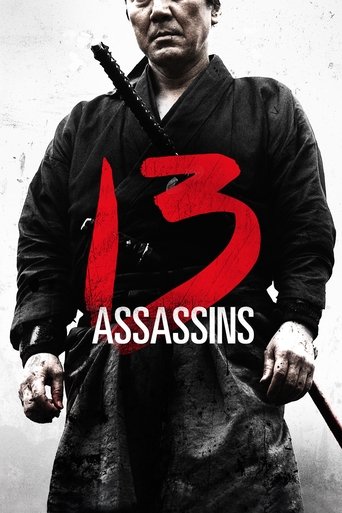 The poster features a determined man in a black samurai uniform, holding two swords. The bold red "13" dominates the center, with the word "ASSASSINS" below it. The gritty, high-contrast black-and-white style conveys a serious, intense mood.