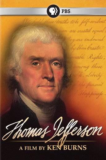 This TV show poster features a portrait of Thomas Jefferson with a serious expression against a warm, golden background. The text "Thomas Jefferson" is elegantly scripted in gold, while "A Film by Ken Burns" is written below in smaller letters. The overall mood is solemn and reflective, emphasizi...
