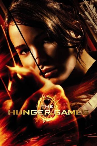 The poster features a young woman with intense eyes, holding a bow and arrow against a fiery background. The warm, intense colors evoke a sense of danger and action, while the title "The Hunger Games" is prominently displayed in bold, metallic letters.