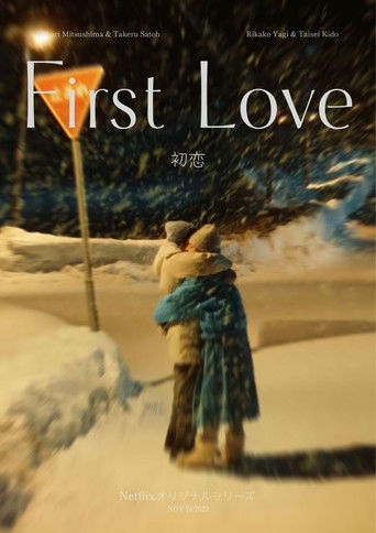 The poster depicts two people embracing in a snowy landscape, with warm lights illuminating their faces against the cool, wintry backdrop. The muted colors evoke a romantic and nostalgic mood, capturing the essence of a first love story.