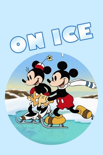 The poster features Mickey and Minnie Mouse joyfully sledding on a snowy, icy surface. Mickey wears a red hat and Minnie has a flower accessory, both smiling with excitement. The scene is set against a bright blue sky with fluffy white clouds, conveying a cheerful and festive mood. The title "ON ...