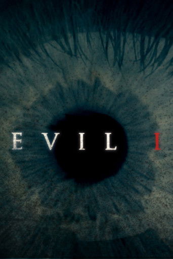 The poster features a haunting close-up of a human eye, its iris glowing with an eerie, dark blue hue. The word "EVIL" is boldly displayed in white capital letters, partially obscuring the eye's pupil. The overall atmosphere is chilling and mysterious, evoking suspense and horror.
