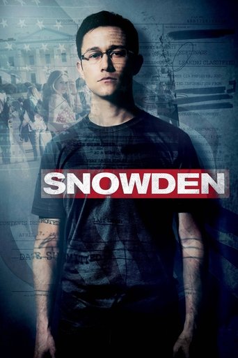 The poster features a man with glasses and tattoos, standing against a gritty, industrial background. The title "SNOWDEN" is prominently displayed in bold red letters. The overall mood is intense and mysterious, suggesting a thriller or action film.