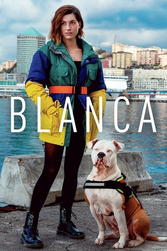 A confident woman in a vibrant blue and yellow outfit stands beside a bulldog, exuding strength and humor. The backdrop features a city skyline, suggesting urban adventure. The poster captures a dynamic, energetic mood with bold colors and a clear, engaging visual.