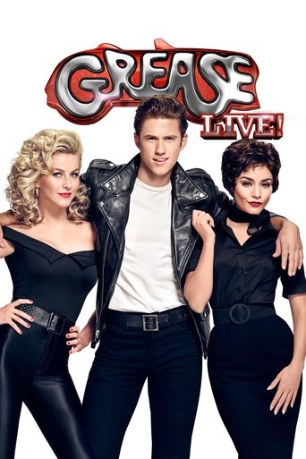 The poster features three women in matching black outfits, exuding a glamorous and confident mood. The title "Grease Live" is prominently displayed in bold, metallic letters, suggesting an energetic and lively atmosphere. The overall design captures the essence of a vibrant, fun-filled event, app...