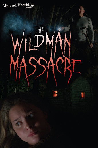 The poster features a dark, ominous scene with a woman in the foreground and a man in the background, both illuminated by eerie red and green hues. The title "The Wildman Massacre" dominates the center, creating a chilling atmosphere that hints at a supernatural horror story.